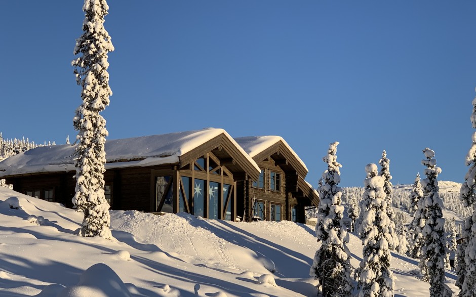 Stavlaft hus omgitt av nordisk skog og snø – tradisjonelt laftehus bygget i Norge